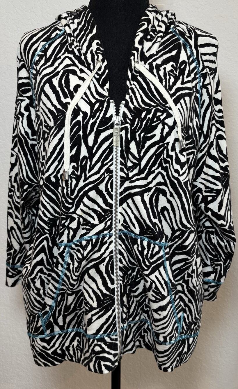 Zenergy by Chico's Zebra Stripe Hooded Full Zip Jacket 3/4 Sleeves Size 3 (XL)